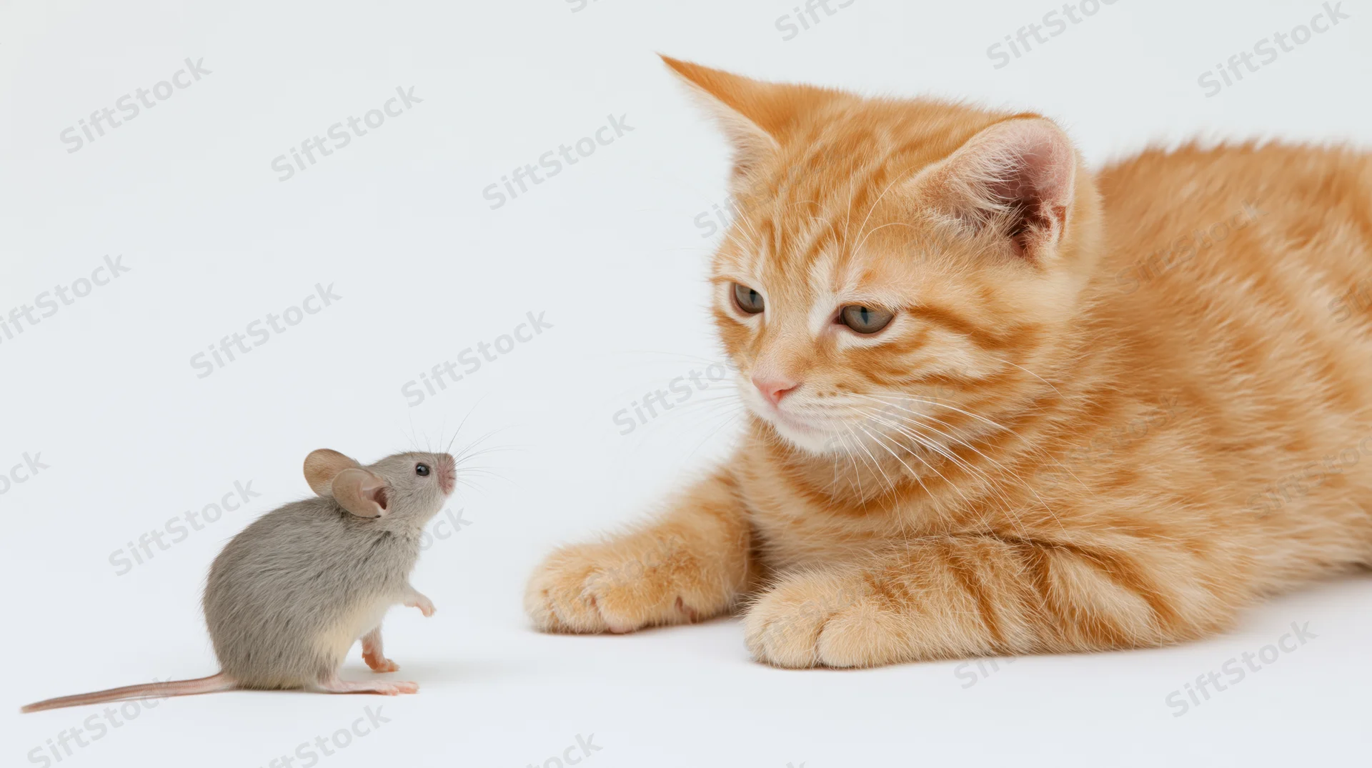 Orange tabby kitten lying down facing a small grey house mouse on white background