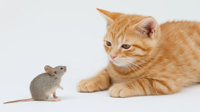 Orange tabby kitten lying down facing a small grey house mouse on white background