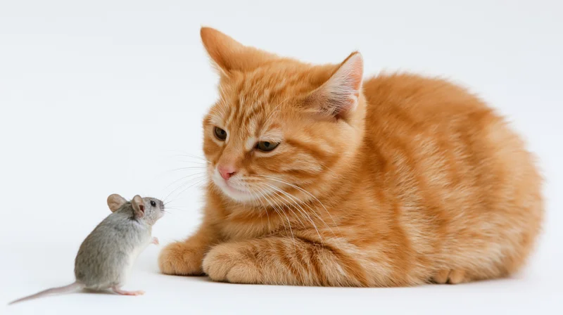 Orange tabby kitten lying down facing a small grey house mouse on white background
