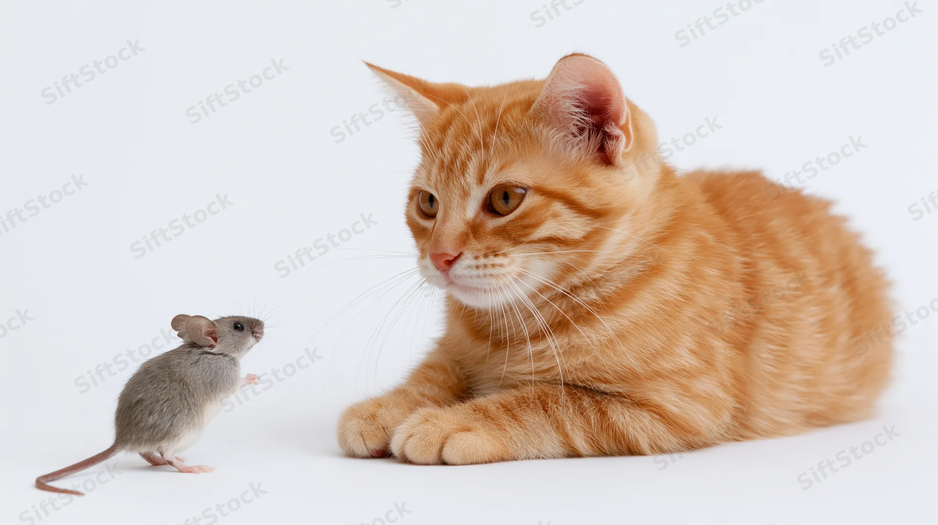 Orange tabby kitten lying down facing a small grey house mouse on white background