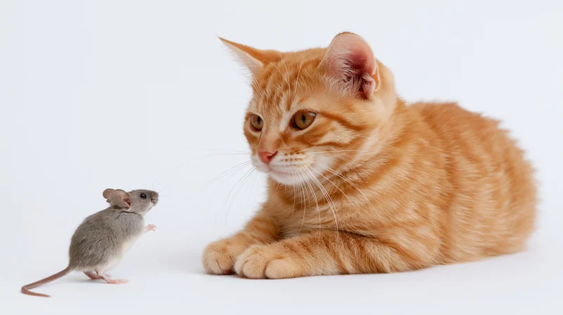 Orange tabby kitten lying down facing a small grey house mouse on white background