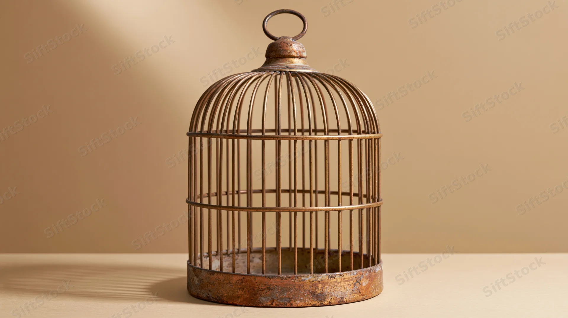 Empty antique brass birdcage with rusted base and dome top on flat surface