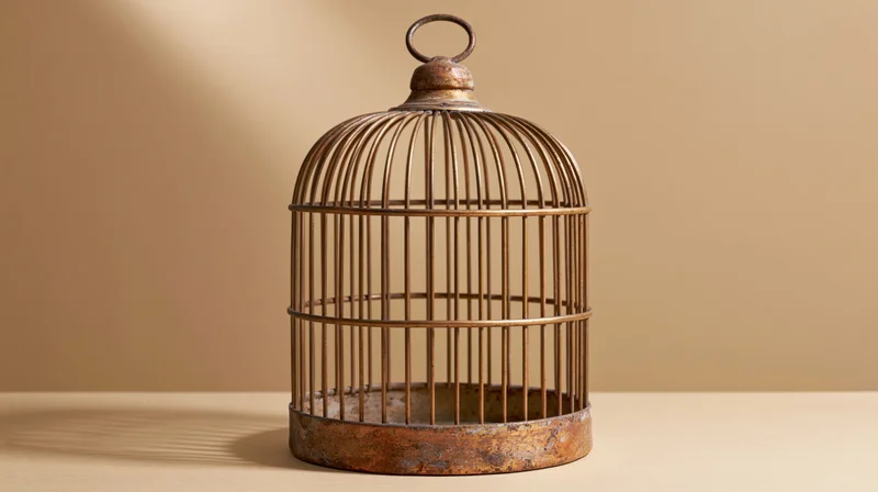 Empty antique brass birdcage with rusted base and dome top on flat surface