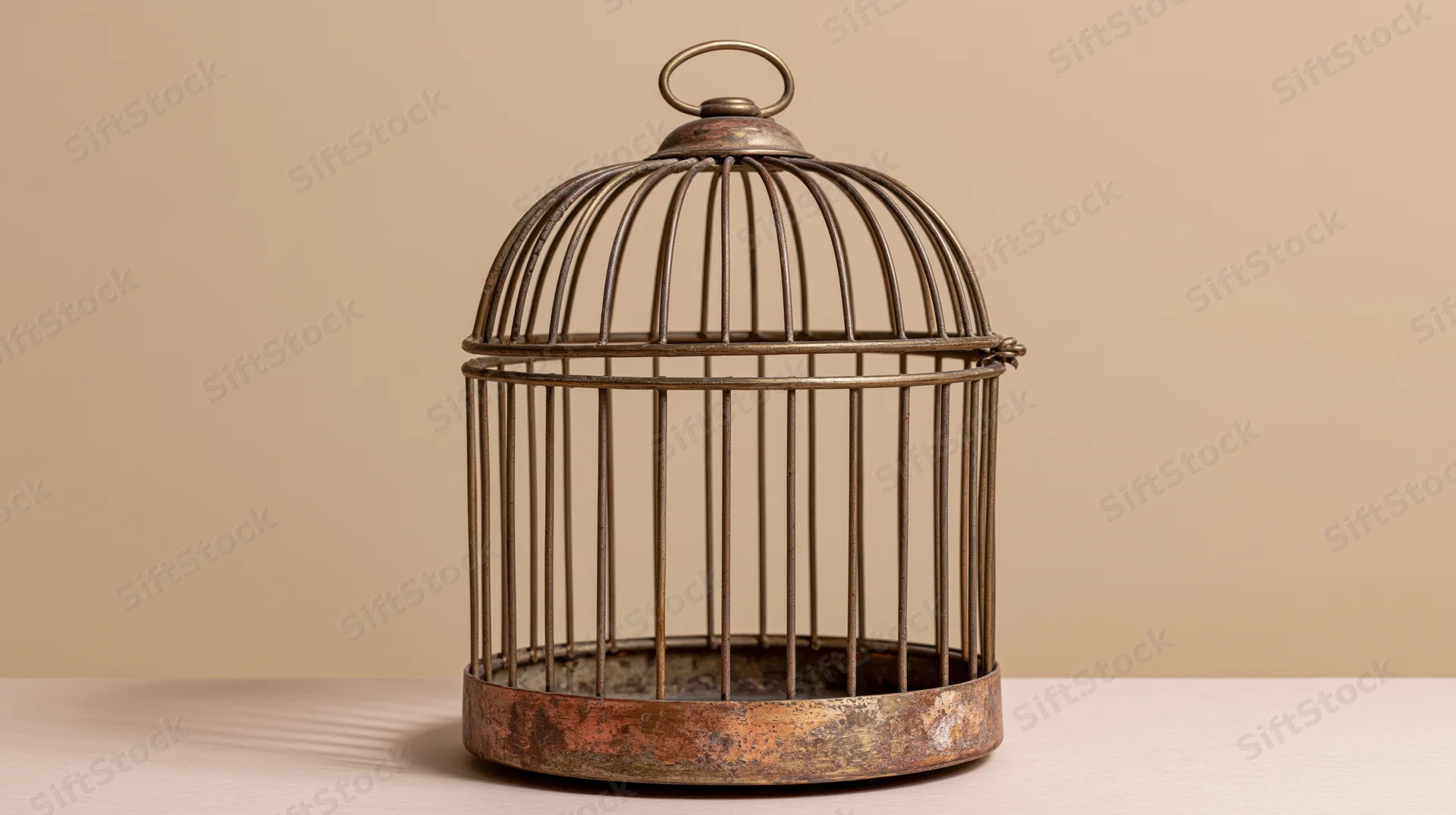 Empty antique brass birdcage with dome top on flat surface