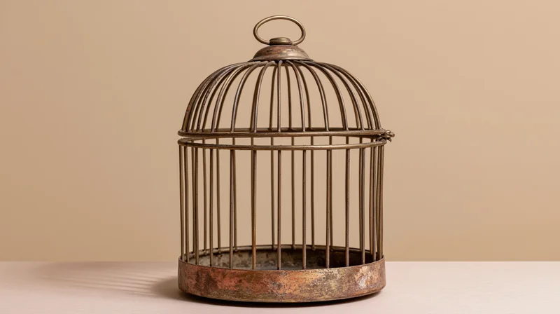 Empty antique brass birdcage with dome top on flat surface