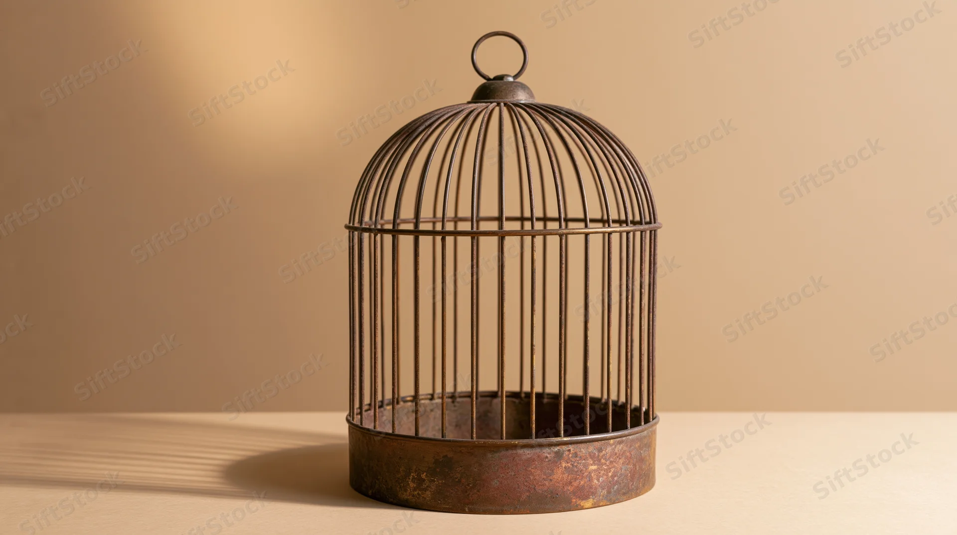 Empty antique brass birdcage with dome top on flat surface under warm studio lighting