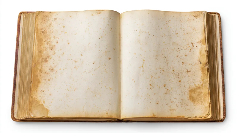 Open antique hardcover book with blank aged pages on white background