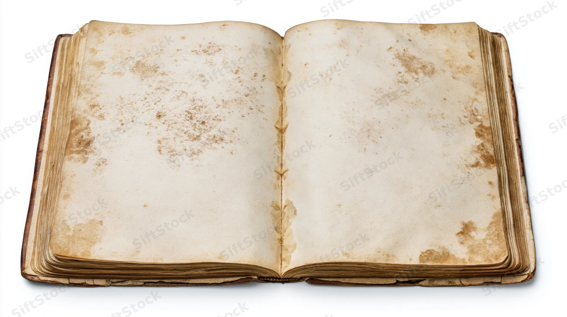 Open antique hardcover book with blank aged pages on white background