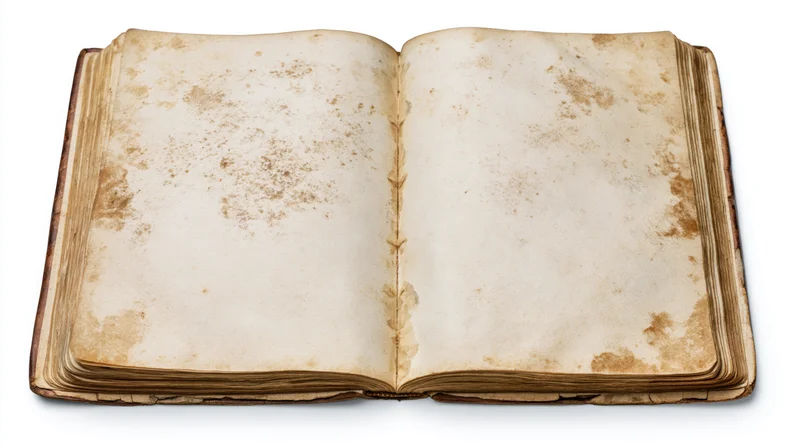 Open antique hardcover book with blank aged pages on white background