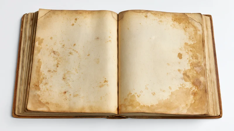 Open antique hardcover book with blank aged pages on white background