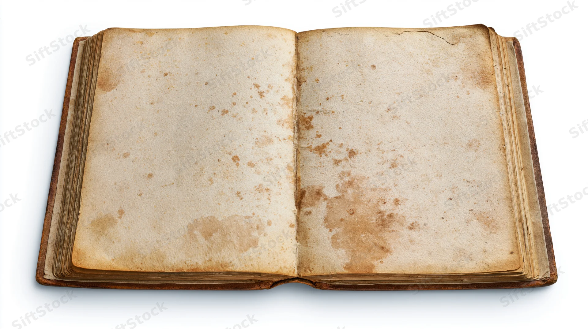 Open antique hardcover book with blank stained pages on white background