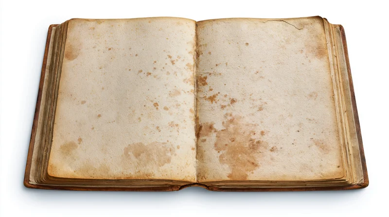 Open antique hardcover book with blank stained pages on white background