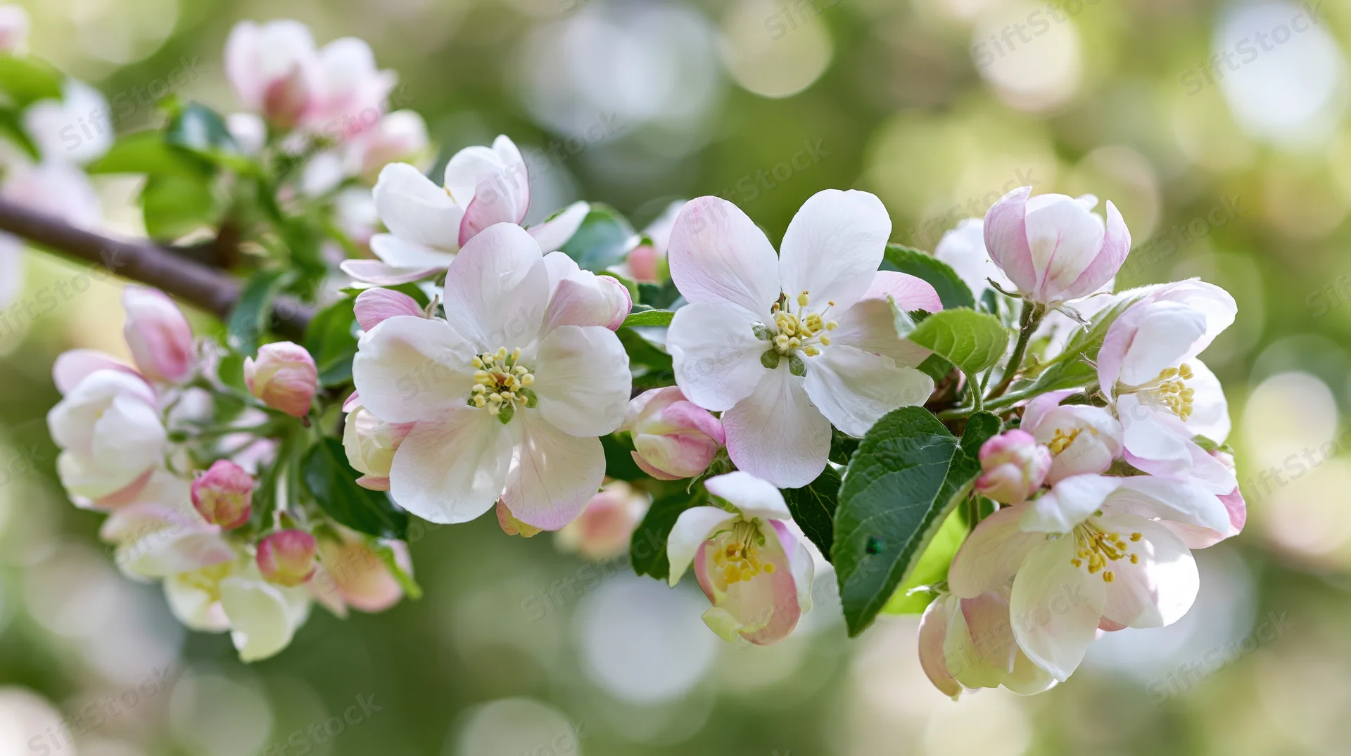 Apple tree branch with white and pink blossoms in spring garden