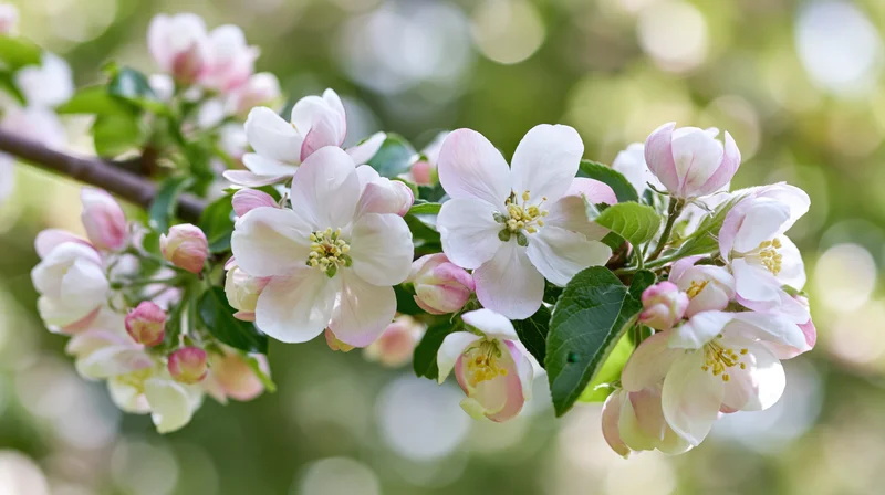Apple tree branch with white and pink blossoms in spring garden