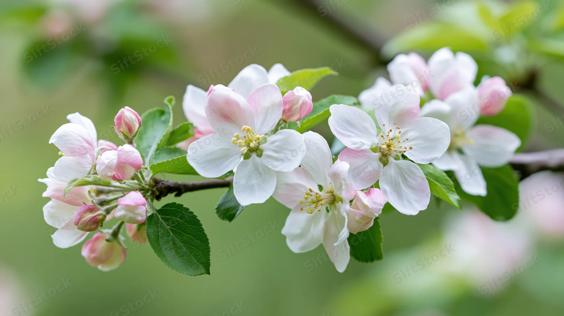 Apple tree branch with white and pink blossoms in spring garden