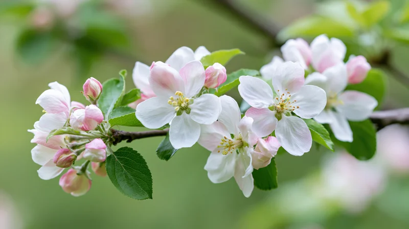 Apple tree branch with white and pink blossoms in spring garden