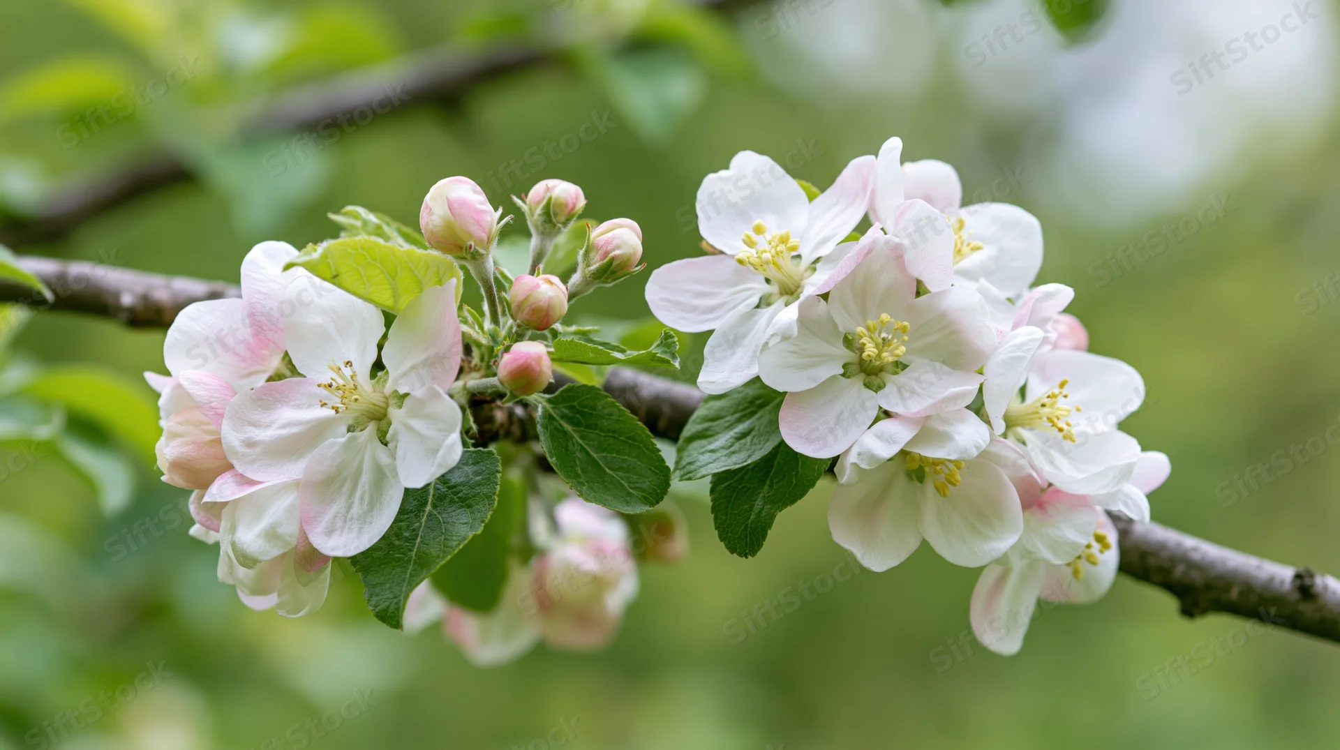 Apple tree branch with white and pink blossoms in spring garden