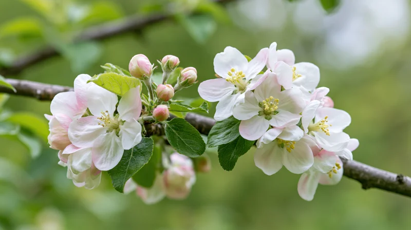 Apple tree branch with white and pink blossoms in spring garden