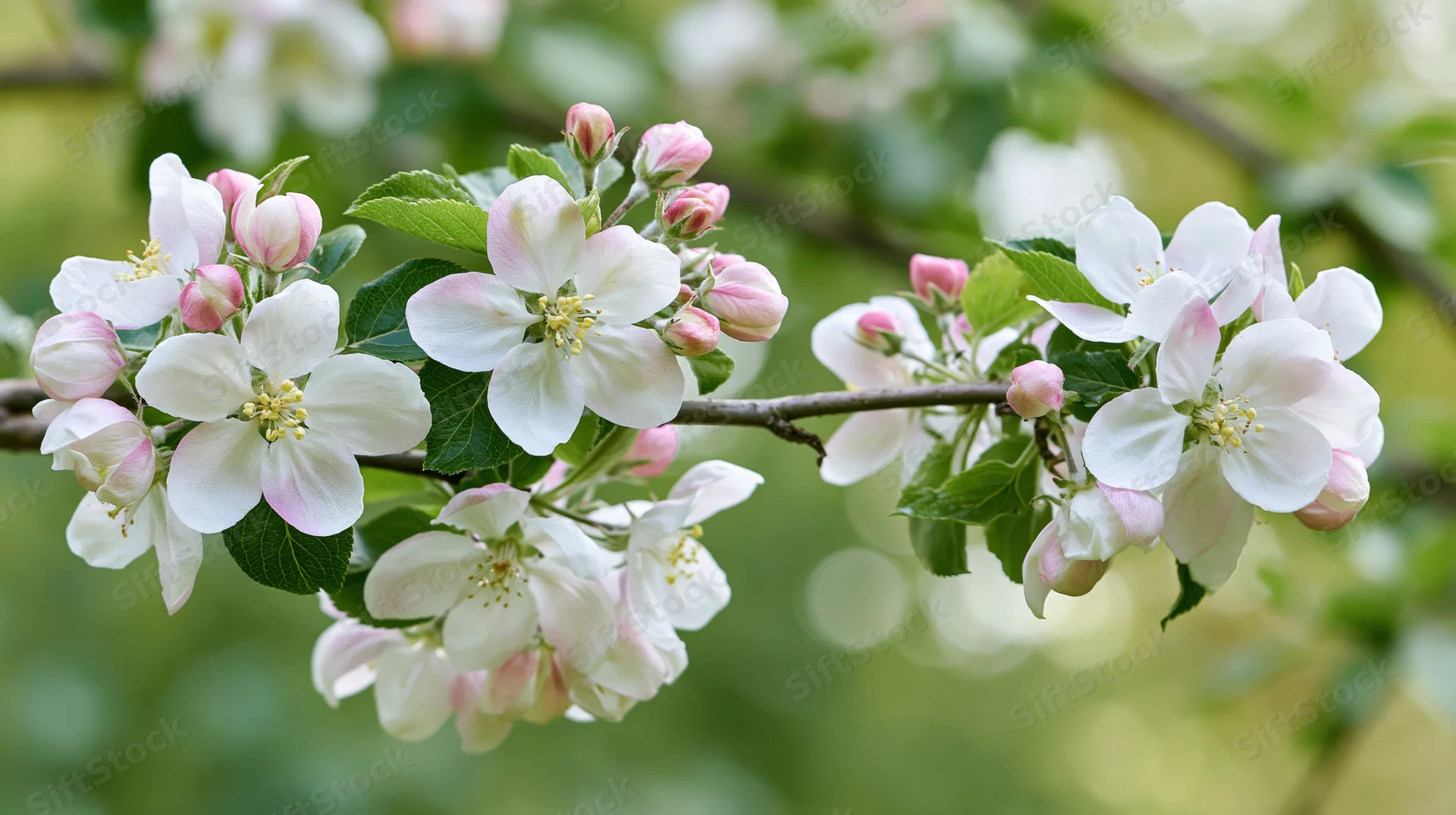 Apple tree branch in full bloom with white and pink blossoms and green leaves