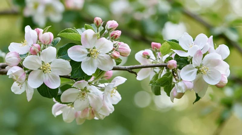 Apple tree branch in full bloom with white and pink blossoms and green leaves