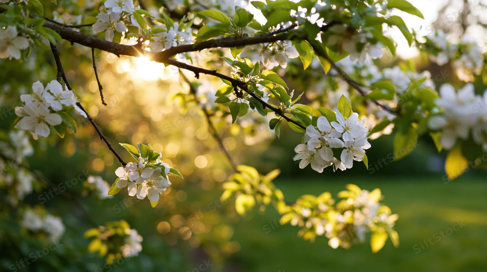 Apple tree branches with white blossoms and green leaves in spring sunlight