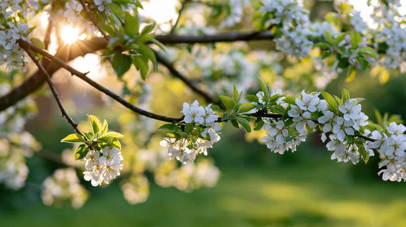 Apple tree branches with white blossoms and green leaves in spring sunlight
