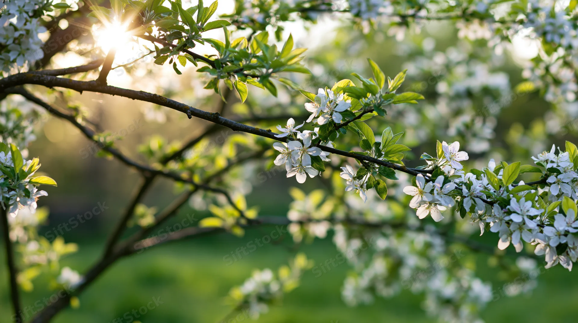 Apple tree branches with white blossoms and green leaves in spring sunlight