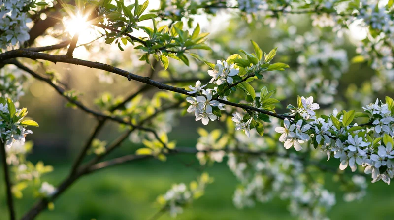 Apple tree branches with white blossoms and green leaves in spring sunlight