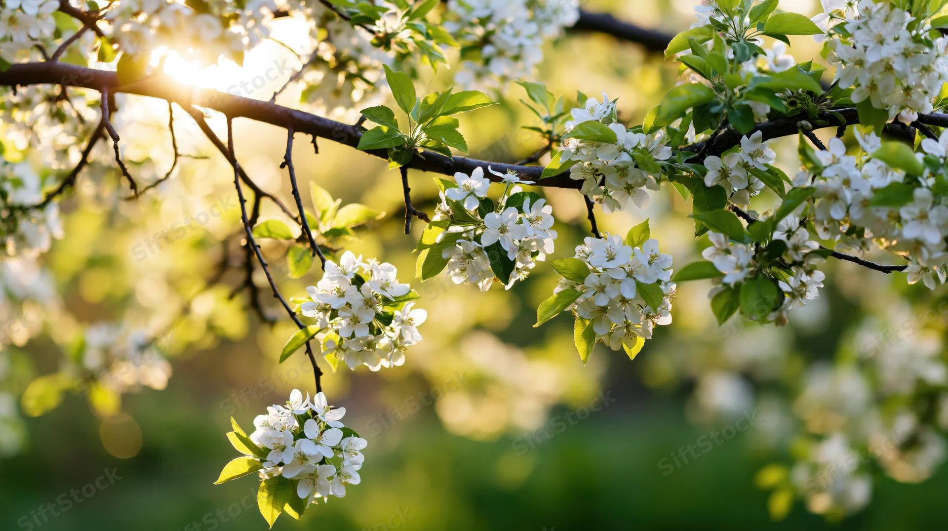 Apple tree branches with white blossoms and green leaves in spring sunlight