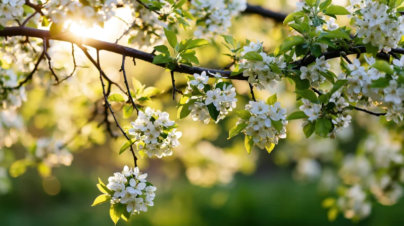 Apple tree branches with white blossoms and green leaves in spring sunlight
