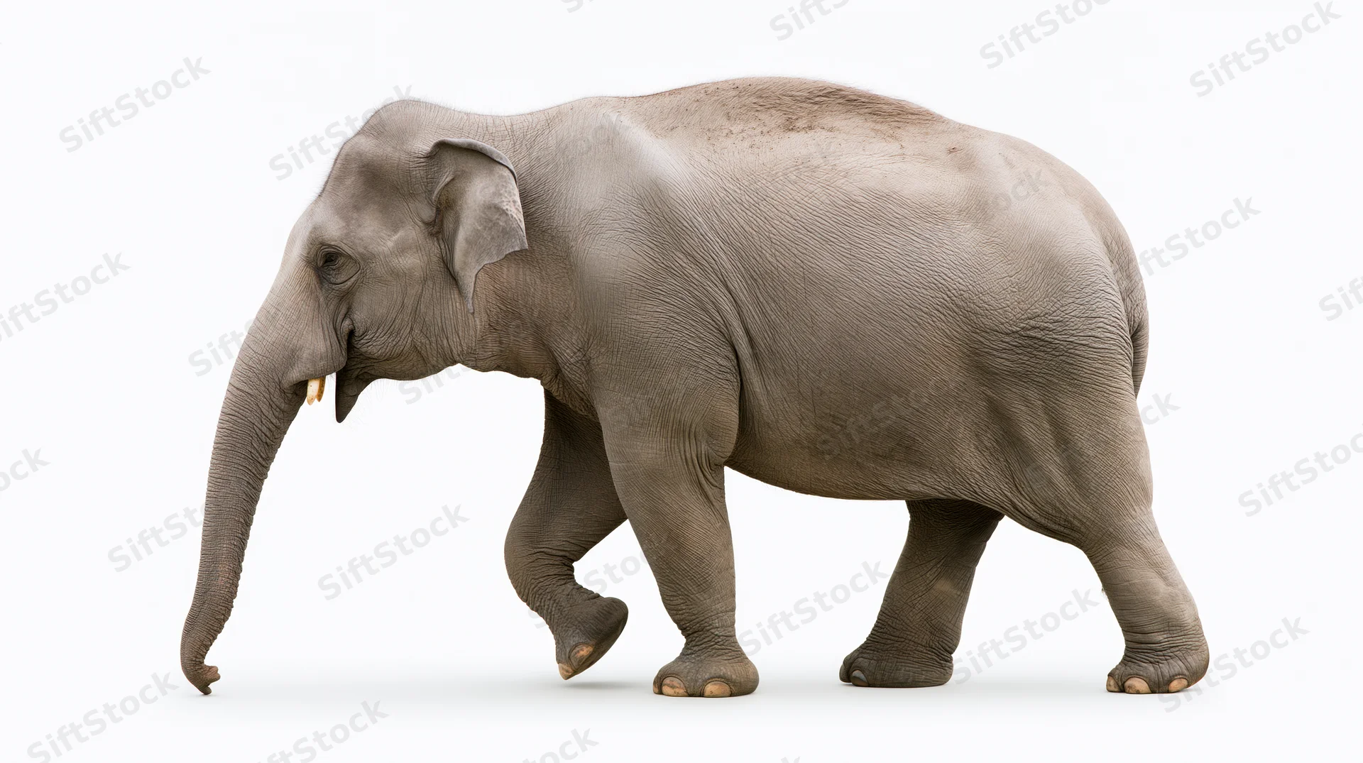 Asian elephant walking in profile with one front leg raised on white background