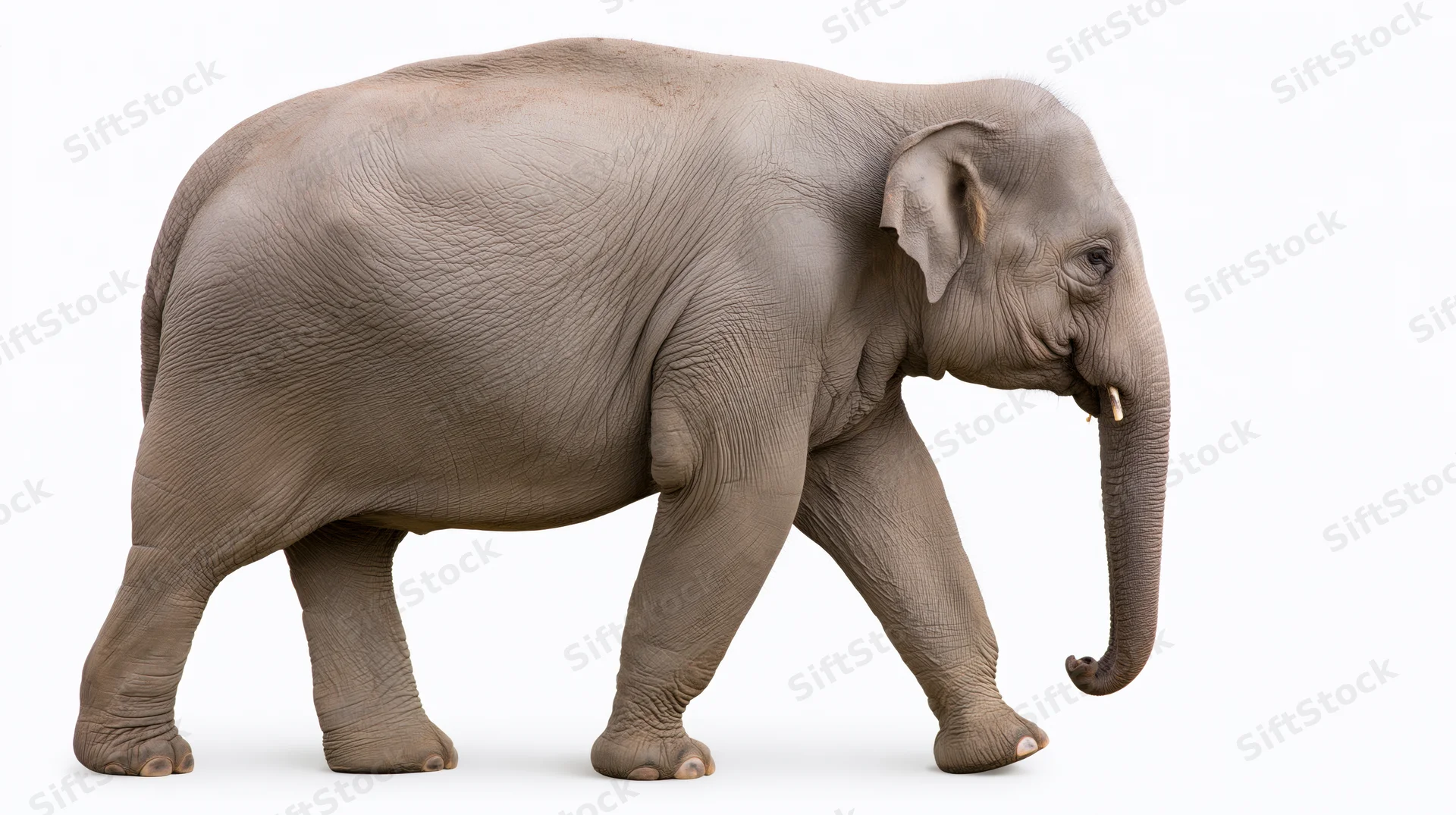 Asian elephant walking in profile with one front leg raised on white background