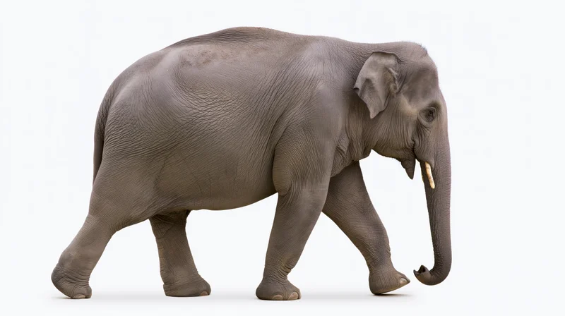 Asian elephant walking in profile view with one front leg raised on white background