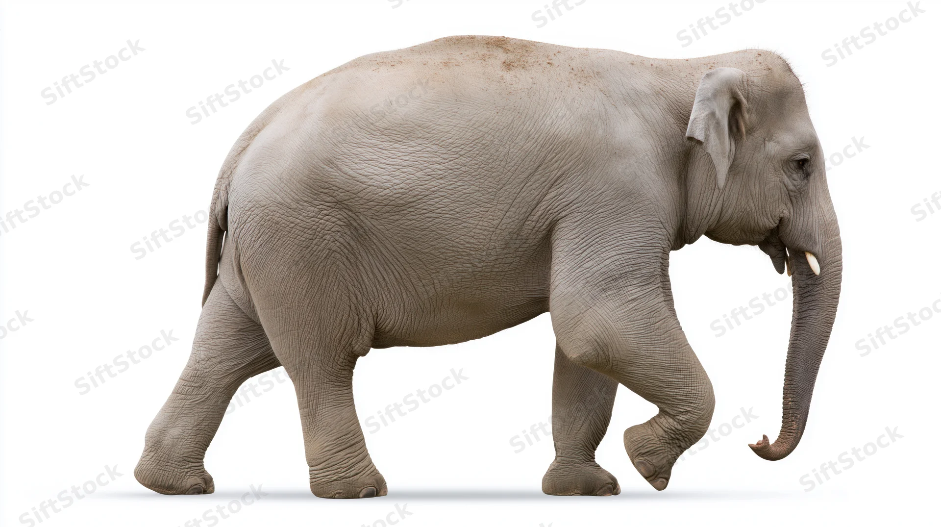 Asian elephant walking in profile view with one front leg raised on white background