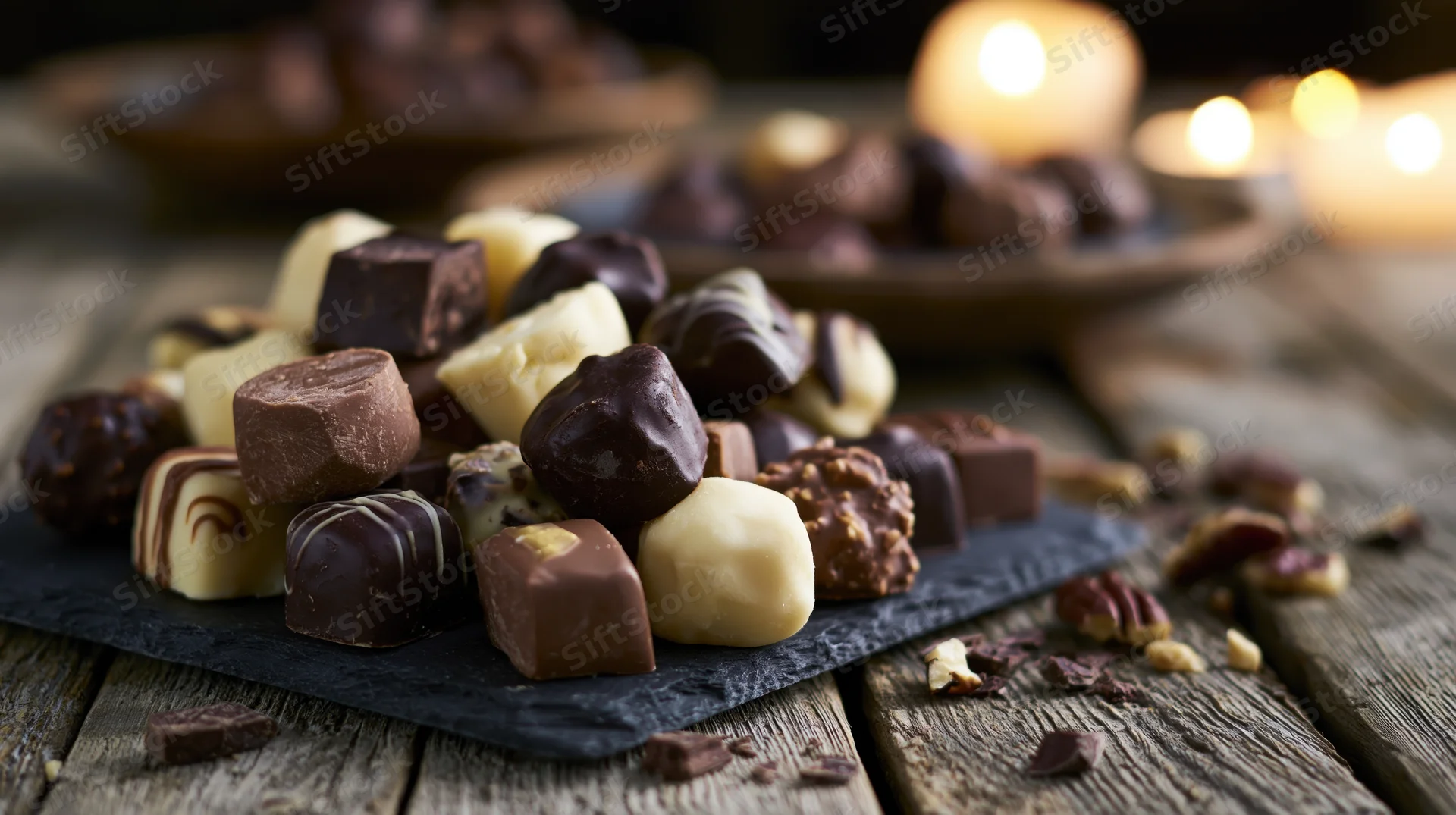 Assorted artisan chocolate truffles and bonbons piled on a slate plate on a rustic wooden table with candles in the background