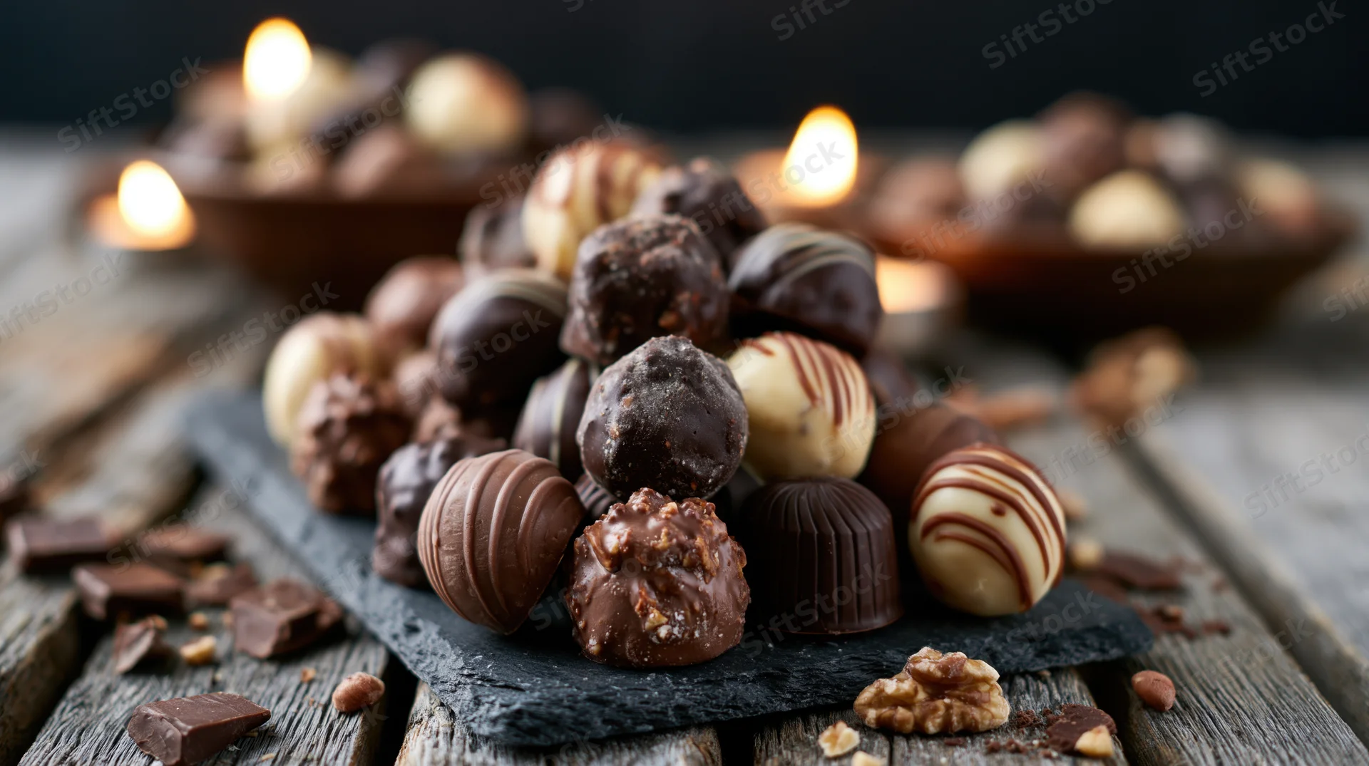 Assorted chocolate truffles and bonbons piled on a slate tray with candles on a rustic wooden table
