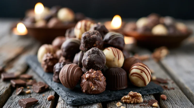 Assorted chocolate truffles and bonbons piled on a slate tray with candles on a rustic wooden table