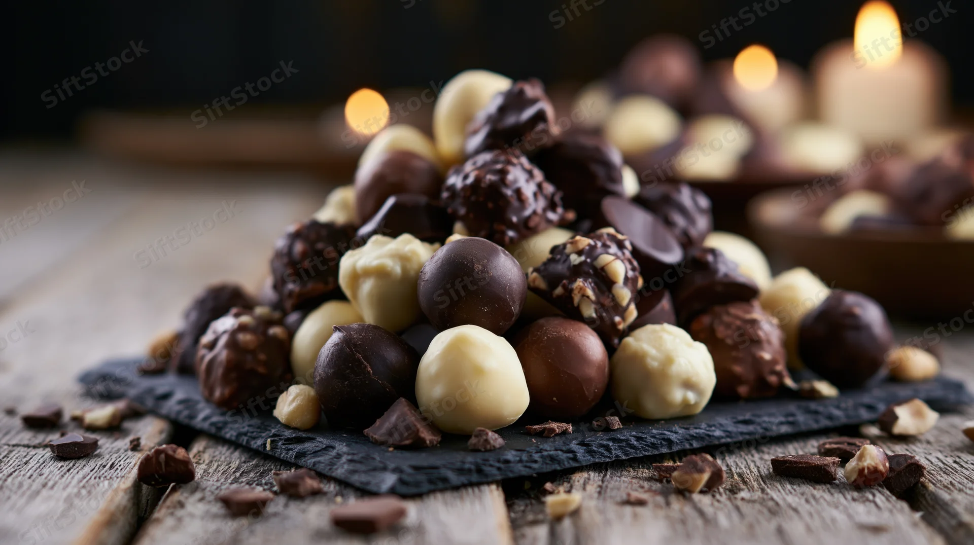 Assorted chocolate truffles and bonbons piled on a slate plate on a wooden table with candles in the background