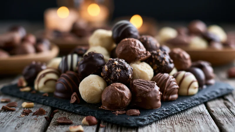 Assorted artisan chocolate truffles and bonbons piled on a slate tray on a rustic wooden table with warm candlelight in the background