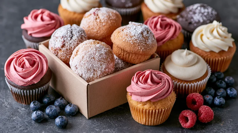 Assorted cupcakes and muffins with fruit arranged on dark surface in cardboard box