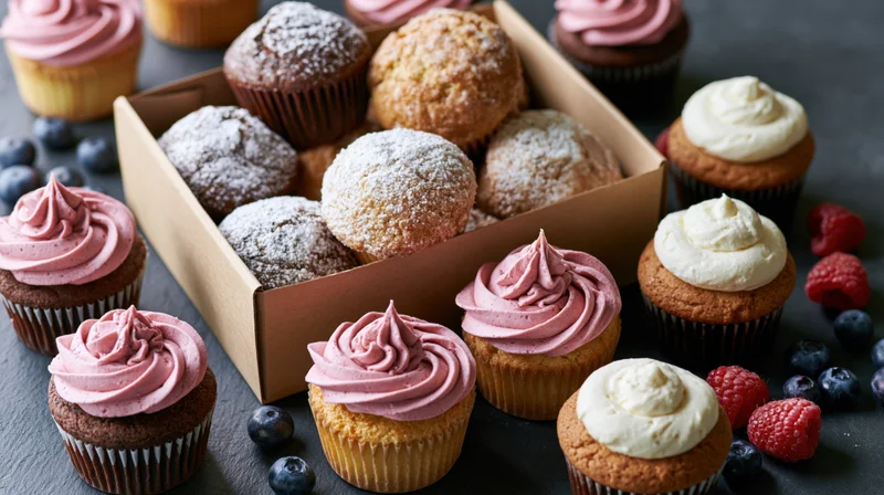 Assorted cupcakes and muffins with pink and white frosting arranged on dark surface with berries and cardboard box