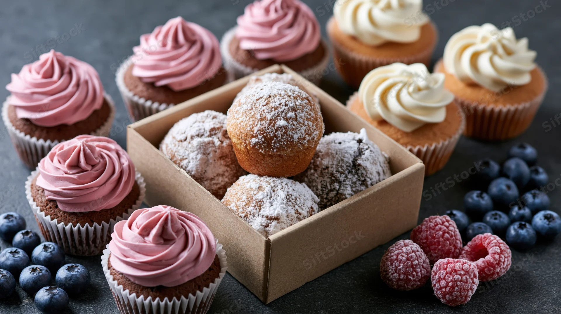 Assorted cupcakes and muffins with berries arranged on dark surface in a box and around it