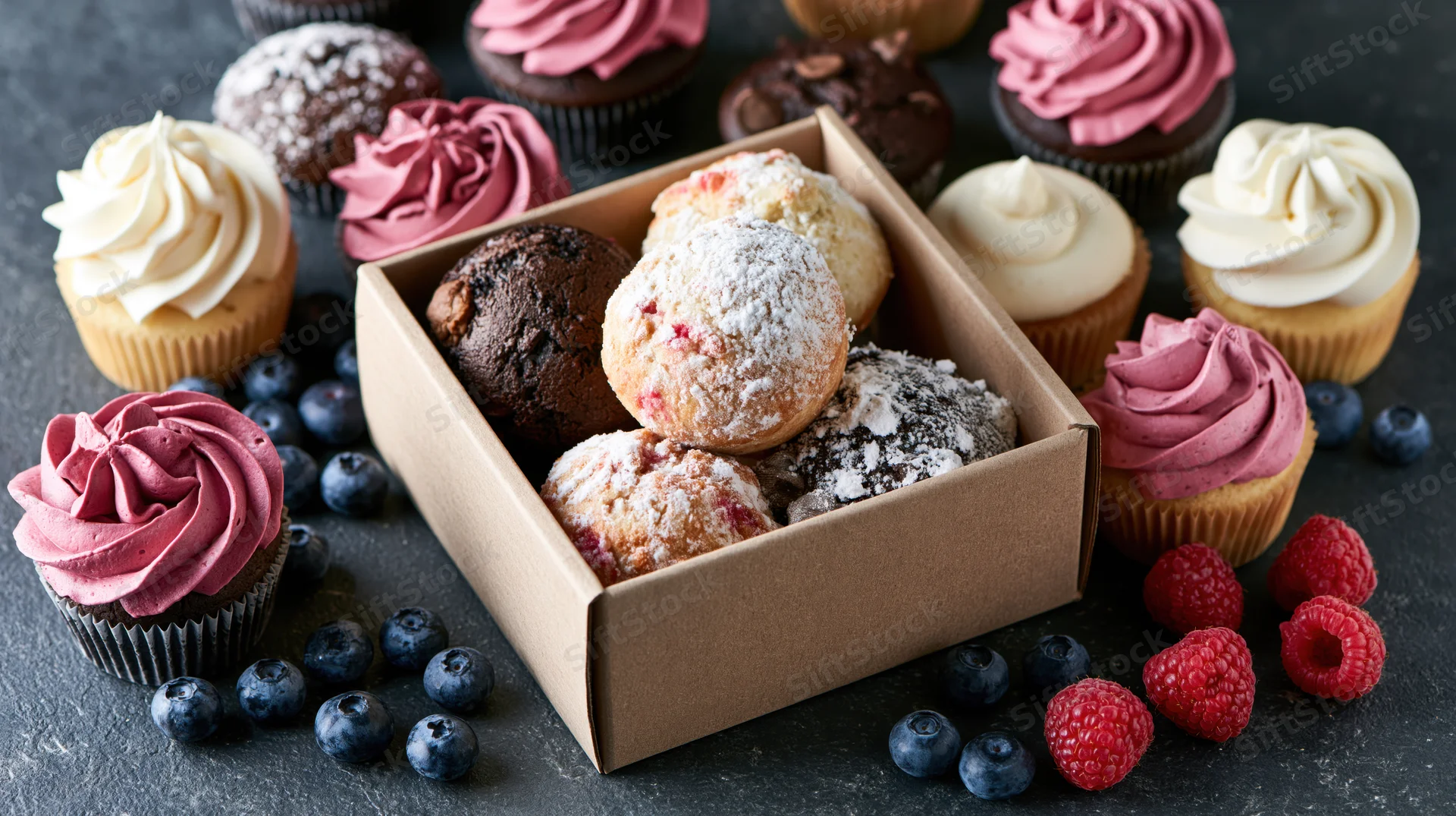 Assorted cupcakes and muffins in a cardboard box with berries on dark surface
