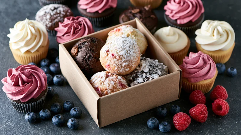 Assorted cupcakes and muffins in a cardboard box with berries on dark surface