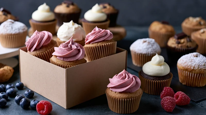 Assorted cupcakes and muffins with pink and white frosting arranged on a dark table with berries and a cardboard box