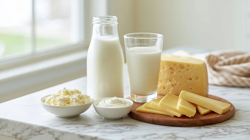 Assorted dairy products arranged on a marble kitchen countertop