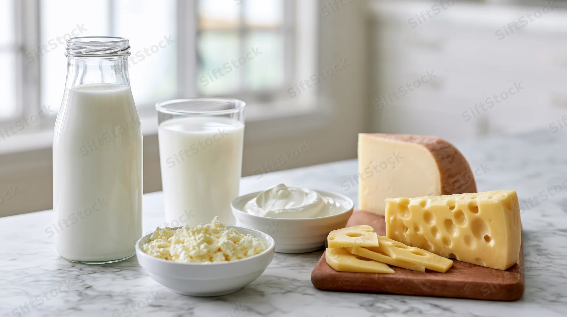 Assorted dairy products arranged on a marble kitchen countertop