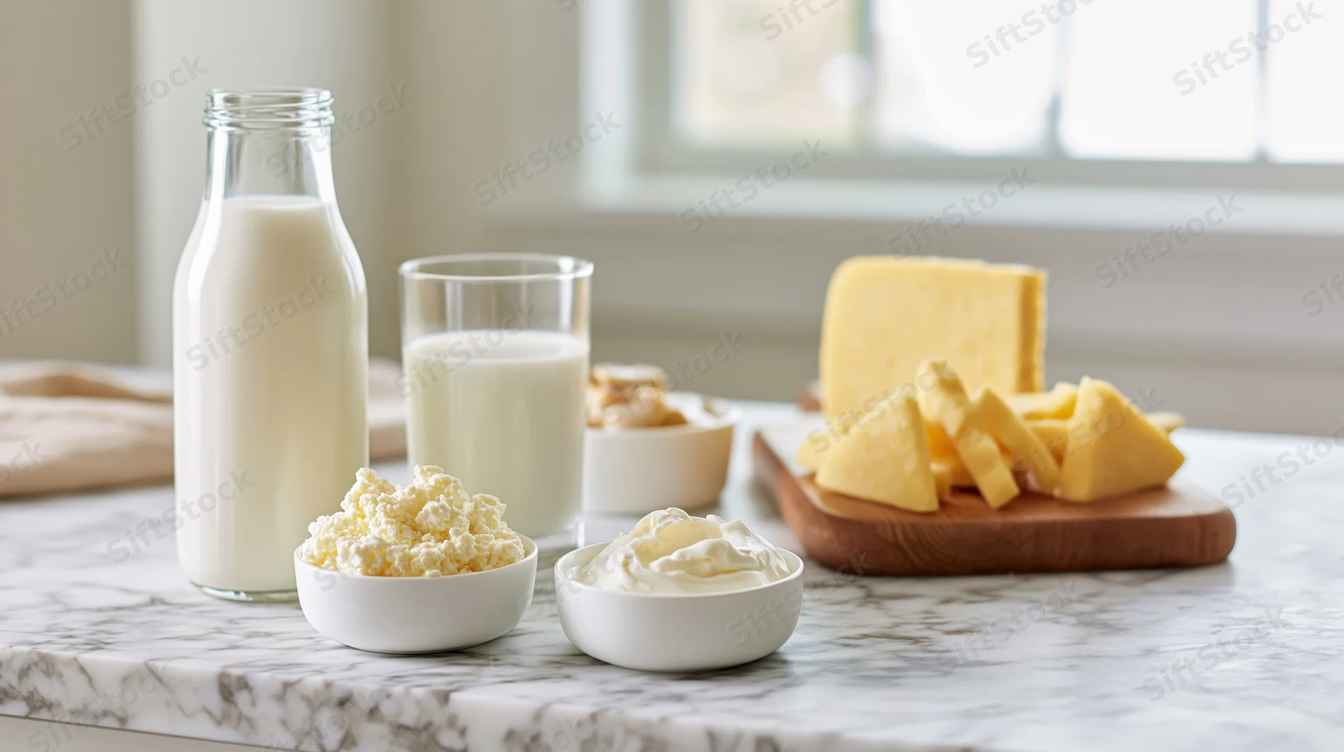 Assorted dairy products arranged on a marble kitchen countertop