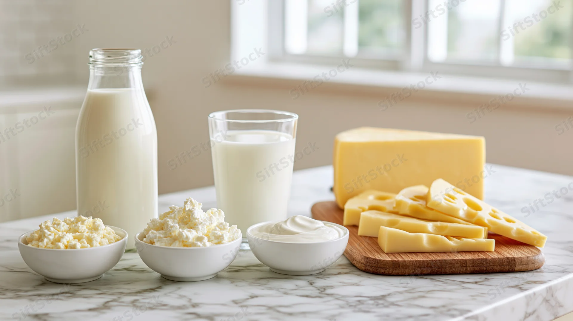 Assorted dairy products arranged on a marble kitchen counter with natural light from a window