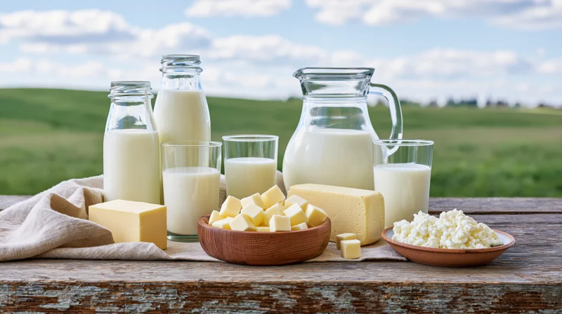 Assorted dairy products arranged on a rustic wooden table outdoors with green field and sky in background